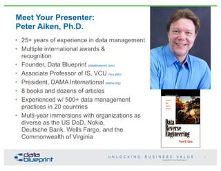Copyright 2013 by Data Blueprint
Meet Your Presenter:
Peter Aiken, Ph.D.
• 25+ years of experience in data management
• Multiple international awards &
recognition
• Founder, Data Blueprint (datablueprint.com)
• Associate Professor of IS, VCU (vcu.edu)
• President, DAMA International (dama.org)
• 8 books and dozens of articles
• Experienced w/ 500+ data management
practices in 20 countries
• Multi-year immersions with organizations as
diverse as the US DoD, Nokia,
Deutsche Bank, Wells Fargo, and the
Commonwealth of Virginia
4
 