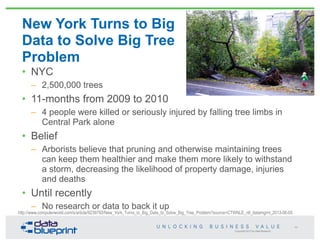 Copyright 2013 by Data Blueprint
New York Turns to Big
Data to Solve Big Tree
Problem
• NYC
– 2,500,000 trees
• 11-months from 2009 to 2010
– 4 people were killed or seriously injured by falling tree limbs in
Central Park alone
• Belief
– Arborists believe that pruning and otherwise maintaining trees
can keep them healthier and make them more likely to withstand
a storm, decreasing the likelihood of property damage, injuries
and deaths
• Until recently
– No research or data to back it up
44
http://www.computerworld.com/s/article/9239793/New_York_Turns_to_Big_Data_to_Solve_Big_Tree_Problem?source=CTWNLE_nlt_datamgmt_2013-06-05
 