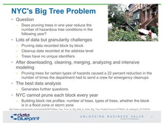 Copyright 2013 by Data Blueprint
NYC's Big Tree Problem
• Question
– Does pruning trees in one year reduce the
number of hazardous tree conditions in the
following year?
• Lots of data but granularity challenges
– Pruning data recorded block by block
– Cleanup data recorded at the address level
– Trees have no unique identifiers
• After downloading, cleaning, merging, analyzing and intensive
modeling
– Pruning trees for certain types of hazards caused a 22 percent reduction in the
number of times the department had to send a crew for emergency cleanups
• The best data analysis
– Generates further questions
• NYC cannot prune each block every year
– Building block risk profiles: number of trees, types of trees, whether the block
is in a flood zone or storm zone
45
http://www.computerworld.com/s/article/9239793/New_York_Turns_to_Big_Data_to_Solve_Big_Tree_Problem?source=CTWNLE_nlt_datamgmt_2013-06-05
 