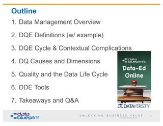 Copyright 2013 by Data Blueprint
1. Data Management Overview
2. DQE Definitions (w/ example)
3. DQE Cycle & Contextual Complications
4. DQ Causes and Dimensions
5. Quality and the Data Life Cycle
6. DDE Tools
7. Takeaways and Q&A
Outline
49
 