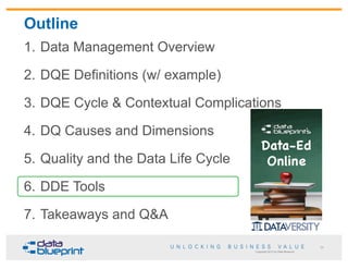Copyright 2013 by Data Blueprint
1. Data Management Overview
2. DQE Definitions (w/ example)
3. DQE Cycle & Contextual Complications
4. DQ Causes and Dimensions
5. Quality and the Data Life Cycle
6. DDE Tools
7. Takeaways and Q&A
Outline
55
 