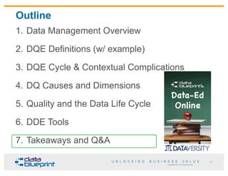 Copyright 2013 by Data Blueprint
1. Data Management Overview
2. DQE Definitions (w/ example)
3. DQE Cycle & Contextual Complications
4. DQ Causes and Dimensions
5. Quality and the Data Life Cycle
6. DDE Tools
7. Takeaways and Q&A
Outline
69
 