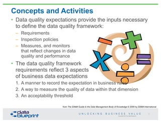 Copyright 2013 by Data Blueprint
Concepts and Activities
• Data quality expectations provide the inputs necessary
to define the data quality framework:
– Requirements
– Inspection policies
– Measures, and monitors
that reflect changes in data
quality and performance
• The data quality framework
requirements reflect 3 aspects
of business data expectations
1. A manner to record the expectation in business rules
2. A way to measure the quality of data within that dimension
3. An acceptability threshold
71
from The DAMA Guide to the Data Management Body of Knowledge © 2009 by DAMA International
 