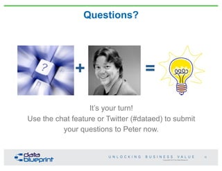 Copyright 2013 by Data Blueprint
Questions?
73
+ =
It’s your turn!
Use the chat feature or Twitter (#dataed) to submit
your questions to Peter now.
 