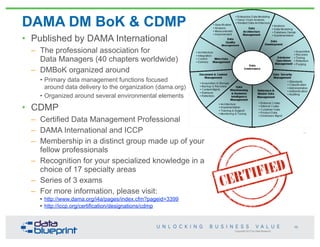 • Published by DAMA International
– The professional association for
Data Managers (40 chapters worldwide)
– DMBoK organiz...