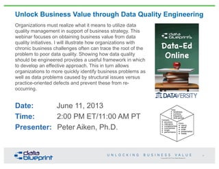 Copyright 2013 by Data Blueprint
2
Unlock Business Value through Data Quality Engineering
Organizations must realize what ...