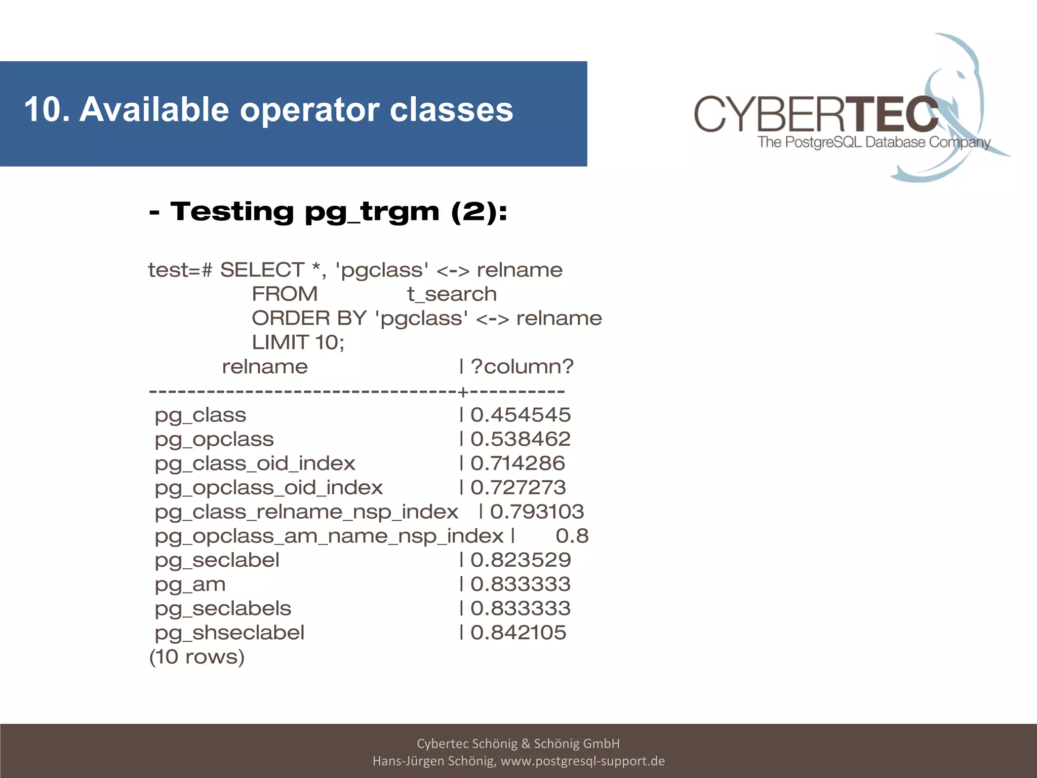Cybertec Schönig & Schönig GmbH
Hans-Jürgen Schönig, www.postgresql-support.de
10. Available operator classes
- Testing pg_trgm (2):
test=# SELECT *, 'pgclass' <-> relname
FROM t_search
ORDER BY 'pgclass' <-> relname
LIMIT 10;
relname | ?column?
--------------------------------+----------
pg_class | 0.454545
pg_opclass | 0.538462
pg_class_oid_index | 0.714286
pg_opclass_oid_index | 0.727273
pg_class_relname_nsp_index | 0.793103
pg_opclass_am_name_nsp_index | 0.8
pg_seclabel | 0.823529
pg_am | 0.833333
pg_seclabels | 0.833333
pg_shseclabel | 0.842105
(10 rows)
 