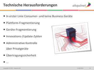 Technische Herausforderungen
 In erster Linie Consumer- und keine Business Geräte
 Plattform-Fragmentierung
 Geräte-Fragmentierung
 Innovations-/Update-Zyklen
 Administrative Kontrolle
über Privatgeräte
 Übertragungssicherheit
 ...
1215.08.2013Copyright © 2013 – akquinet AG
 