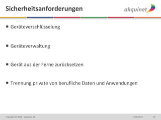 Sicherheitsanforderungen
 Geräteverschlüsselung
 Geräteverwaltung
 Gerät aus der Ferne zurücksetzen
 Trennung private von berufliche Daten und Anwendungen
1415.08.2013Copyright © 2013 – akquinet AG
 