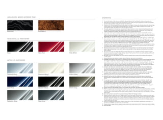 HIGH-GLOSS WOOD INTERIOR TRIM                                       ENDNOTES
                                                                    1	    For more information on the Insurance Institute for Highway Safety and the Top Safety Pick awards, visit www.iihs.org.
                                                                    2	    Stated rates of acceleration are based upon manufacturer’s track results and may vary depending on model, environmental
                                                                          and road surface conditions, driving style, elevation and vehicle load.
                                                                    3	    Preliminary 2013 EPA estimated fuel economy. See dealer for final figures. Compare the estimated mpg to the estimated mpg
                                                                          of other vehicles. You may get different mileage depending on how fast you drive, weather conditions and trip length. Your
                                                                          actual highway mileage will probably be less than the highway estimate.
                                                                    4	    No system, regardless of how advanced, can overcome the laws of physics or correct careless driving. Please always wear
                                                                          your seat belt. Performance is limited by available traction, which snow, ice and other conditions can affect. Always drive
Black Ash                       Burl Walnut                               carefully, consistent with conditions. Best performance in snow is obtained with winter tires.
                                                                    5	    Lower aspect ratio tires and accompanying wheels provide substantially increased treadwear, increased tire noise and
                                                                          reduced ride comfort. Serious wheel and tire damage may occur if the vehicle is operated on rough or damaged road surfaces
                                                                          or upon encountering road debris or obstacles. These tires are not designed for use on snow and ice. Winter tires mounted on
                                                                          appropriately sized and approved wheels are recommended for driving in those conditions.
                                                                    6	    All Mercedes-Benz mbrace® services operate only where cellular and Global Positioning Satellite signals are available, which
NON-METALLIC PAINTWORK                                                    are provided by third parties and not within the control of Mercedes-Benz USA, LLC. An mbrace Package trial period is offered
                                                                          on new, Certified Pre-Owned and pre-owned sales and leases at an authorized Mercedes-Benz dealer. Subscriber Agreement
                                                                          is required for service to be active. Some services are only available on select vehicles. Your PIN is required in order to use
                                                                          certain services. See your dealer or MBUSA.com/mbrace for details, including a list of compatible smartphones.
                                                                    7	    Driving while drowsy or distracted is dangerous and must be avoided. ATTENTION ASSIST and/or Lane Keeping Assist may be
                                                                          insufficient to alert a fatigued or distracted driver of lane drift and cannot be relied on to avoid an accident or serious injury.
                                                                          Lane Keeping Assist operates at speeds above approximately 20 mph.
                                                                    8	    Blind Spot Assist may not be sufficient to avoid all accidents involving vehicles in your blind spot and does not estimate the
                                                                          speed of approaching vehicles. It must not be used as a sole substitute for driver awareness and checking of surrounding
                                                                          traffic conditions.
                                                                    9	    Rear view camera does not audibly notify driver of nearby objects and is not a substitute for actively checking around the
Black                           Mars Red           Polar White            vehicle for any obstacles or people. Images displayed may be limited by camera field of view, weather, lighting conditions and
                                                                          the presence of dirt, ice or snow on the camera.
                                                                    10	   PRE-SAFE ® closes the side windows and sunroof when the system’s sensors detect side movement that suggests a
                                                                          possible rollover.
                                                                    11	   Braking effectiveness also depends on proper brake maintenance, and tire and road conditions.
                                                                    12	   DISTRONIC PLUS adaptive cruise control is no substitute for active driving involvement. It does not react to stationary objects,
METALLIC PAINTWORK                                                        nor recognize or predict the curvature and lane layout of the road or the movement of vehicles ahead. It is the driver’s
                                                                          responsibility at all times to be attentive to traffic and road conditions, and to provide the steering, braking and other driving
                                                                          inputs necessary to retain control of the vehicle. Drivers are cautioned not to wait for the DISTRONIC Proximity Warning
                                                                          System before braking, as that may not afford sufficient time and distance to brake safely. After braking the car for stopped
                                                                          traffic ahead, system resumes automatically only if traffic pauses for less than 3 seconds.
                                                                    13	   WARNING: THE FORCES OF A DEPLOYING AIR BAG CAN CAUSE SERIOUS OR FATAL INJURIES TO A CHILD UNDER AGE
                                                                          13. THE SAFEST SEATING POSITION FOR YOUR CHILD IS IN THE REAR SEAT, BELTED INTO AN APPROPRIATE, PROPERLY
                                                                          INSTALLED CHILD SEAT, OR CORRECTLY WEARING A SEAT BELT IF TOO LARGE FOR A CHILD SEAT. SEE OPERATOR’S
                                                                          MANUAL FOR ADDITIONAL WARNINGS AND INFORMATION ON AIR BAGS, SEAT BELTS AND CHILD SEATS.
                                                                    14	   The roll bar system is designed to enhance the level of rollover protection compared to a vehicle without one. No system,
                                                                          regardless of how advanced, can eliminate the chance of injury in an accident. Please always wear your seat belt.
Diamond Silver                  Diamond White 24   Iridium Silver   15	   Display appearance may vary from system shown. See dealer for additional information.
                                                                    16	   Bluetooth® interface does not provide phone charging or external antenna. Voice interactivity feature is dependent on
                                                                          selected handset. Visit MBUSA-Mobile.com for details. Phone sold separately. See dealer for a list of approved compatible
                                                                          phones.
                                                                    17	   The purchase of a new, satellite radio-enabled vehicle includes 6 months of service for SiriusXM Radio, SiriusXM Traffic
                                                                          and SiriusXM Weather. SiriusXM Traffic and Weather services are available in select markets. If you decide to continue
                                                                          your SiriusXM service at the end of this period, all SiriusXM services are sold separately, and the plan you choose will
                                                                          automatically renew and bill at then-current rates until you call 1‑866‑635‑2349 to cancel. See SiriusXM Customer
                                                                          Agreement for complete terms, www.siriusxm.com. Sirius U.S. Satellite service available only to those at least 18 years of
                                                                          age in the 48 contiguous United States, DC and Puerto Rico (with coverage limitations).
Lunar Blue                      Obsidian Black     Olivine Grey     18	   All iPod® devices are sold separately. Feature not compatible with iPod Shuffle. See dealer for details.
                                                                    19	   While the navigation system provides directional assistance, the driver must remain focused on safe driving behavior, including
                                                                          paying attention to traffic and street signs. The driver should utilize the system’s audio cues while driving and should only
                                                                          consult the map or visual displays once the vehicle has been stopped in a safe place. Maps do not cover all areas or all routes
                                                                          within an area.
                                                                    20	   Sport steering wheel is excluded from Appearance Package if Wood Trim Package is ordered.
                                                                    21	   Roadside Assistance repairs may involve charges for parts, service and towing. Vehicle must be accessible from main roads.
                                                                          Depending on the circumstance, these services may be provided by an outside provider, courtesy of Mercedes-Benz Roadside
                                                                          Assistance. Restricted roadways, acts of nature and vehicle accessibility may limit our ability to provide services to you. For
                                                                          full details, eligibility requirements, and limitations/exclusions of Sign and Drive services, as well as the Roadside Assistance
                                                                          Program, please see your dealer.
Palladium Silver                Steel Grey                          22	   mbrace is compatible with Apple iPhone® models running iOS 4.2 or later, and Android - based phones running OS 2.1 or
                                                                          later. Please visit MBUSA.com/mbrace for more information.
                                                                    23	   European Delivery Program discount available on select models, other models offered at MSRP. Please see your dealer for details.
                                                                    24	   Extra-cost option.
 