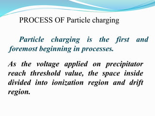 PROCESS OF Particle charging 
Particle charging is the first and 
foremost beginning in processes. 
As the voltage applied on precipitator 
reach threshold value, the space inside 
divided into ionization region and drift 
region. 
 