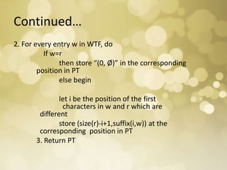 Continued…
2. For every entry w in WTF, do
If w=r
then store “(0, Ø)” in the corresponding
position in PT
else begin
let i be the position of the first
characters in w and r which are
different
store (size(r)-i+1,suffix(i,w)) at the
corresponding position in PT
3. Return PT
 