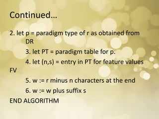 Continued…
2. let p = paradigm type of r as obtained from
DR
3. let PT = paradigm table for p.
4. let (n,s) = entry in PT for feature values
FV
5. w := r minus n characters at the end
6. w := w plus suffix s
END ALGORITHM
 