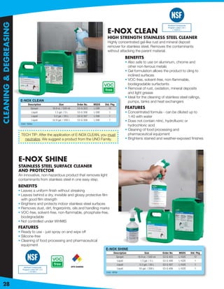 CLEANING & DEGREASING


                                                                                               E-NOX CLEAN
                                                                                               HIGH STRENGTH STAINLESS STEEL CLEANER
                                                                                               Highly concentrated gel-like rust and mineral deposit
                                                                                               remover for stainless steel. Removes the contaminants
                                                                                               without attacking the parent material.
                                                                                                              BENEFITS
                                                                                                              • Also safe to use on aluminum, chrome and
                                                                                                                other non-ferrous metals
                                                                                                              • Gel formulation allows the product to cling to
                                                                                                                inclined surfaces
                                                                                                              • VOC-free, solvent-free, non-ﬂammable,
                                                                                                                biodegradable surfactants
                                                                                                              • Removal of rust, oxidation, mineral deposits
                                                                                                                and light grease
                                                                                                              • Ideal for the cleaning of stainless steel railings,
                         E-NOX CLEAN                                                                            pumps, tanks and heat exchangers
                                 Description         Size                Order No.   MSDS    Std. Pkg
                                   Sprayer     16.9 oz. / 500 ml         53-G 303    L-59E      12            FEATURES
                                    Liquid       1.3 gal. / 5 L          53-G 306    L-59E      1             • Concentrated formula - can be diluted up to
                                    Liquid      5.2 gal. / 20 L          53-G 307    L-59E      1               1:40 with water
                                    Liquid     52.8 gal. / 200 L         53-G 308    L-59E      1             • Does not contain nitric, hydroﬂuoric or
                         Color: Yellow
                                                                                                                hydrochloric acid
                                                                                                              • Cleaning of food processing and
                         TECH TIP: After the application of E-NOX CLEAN, you must                               pharmaceutical equipment
                           neutralize. We suggest a product from the UNO Family.                              • Brightens stained and weather-exposed ﬁnishes




                        E-NOX SHINE
                        STAINLESS STEEL SURFACE CLEANER
                        AND PROTECTOR
                        An innovative, non-hazardous product that removes light
                        contaminants from stainless steel in one easy step.
                        BENEFITS
                        • Leaves a uniform ﬁnish without streaking
                        • Leaves behind a dry, invisible and glossy protective ﬁlm
                          with good ﬁlm strength
                        • Brightens and protects indoor stainless steel surfaces
                        • Removes dust, dirt, ﬁngerprints, oils and handling marks
                        • VOC-free, solvent-free, non-ﬂammable, phosphate-free,
                          biodegradable
                        • Not controlled under WHMIS
                        FEATURES
                        • Ready to use - just spray on and wipe off
                        • Silicone-free
                        • Cleaning of food processing and pharmaceutical
                          equipment
                                                                                             E-NOX SHINE
                                                                                                     Description             Size          Order No.   MSDS     Std. Pkg
                                                                         0                             Sprayer         16.9 oz. / 500 ml   53-G 403    L-102E      12
                                                                     0       0
                                                                                                        Liquid           1.3 gal. / 5 L    53-G 406    L-102E      1
                                                                                                        Liquid          5.2 gal. / 20 L    53-G 407    L-102E      1
                                                                   NFPA DIAMOND
                                                                                                        Liquid          55 gal. / 208 L    53-G 408    L-102E      1
                                                                                             Color: White




28
 