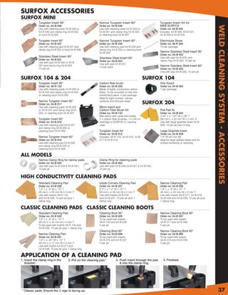SURFOX ACCESSORIES
SURFOX MINI
             Tungsten Insert 90°                            N
                                                            Narrow Tungsten Insert 90°                     Tungsten Insert Kit for
                                                                                                           MINI SURFOX




                                                                                                                                                   WELD CLEANING SYSTEM - ACCESSORIES
             Order no: 54-B 036                             O
                                                            Order no: 54-B 038
             Use with cleaning pads 54-B 026 or             Use with cleaning pads 54-B 028 or             Order no: 54-B 042
             54-B 040 and clamp ring 54-B 002,              54-B 041 and clamp ring 54-B 020,              Includes: 54-B 036, 54-B 037,
             or boot 54-B 005                               or cleaning boot 54-B 007                      54-B 038 & 54-B 039

             Tungsten Insert 60°                            Narrow Tungsten Insert 60°                     Electrolyte Straw
             O
             Order no: 54-B 037                             O
                                                            Order no: 54-B 039                             Order no: 48-R 294
             Use with cleaning pad 54-B 027 and             Use with cleaning pad 54-B 028 and             10 per package
             clamp ring 54-B 002 or boot 54-B 006           clamp ring 54-B 020 or cleaning boot
                                                            54-B 008                                       Narrow Stainless Steel Insert 90°
                                                                                                           Order no: 54-B 022
             Stainless Steel Insert 90°                                                                    Use with pad 54-B 028, and
             Order no: 54-B 021
                                                             Stainless Steel Insert 60°
                                                             Order no: 54-B 024                            clamp ring 54-B 020, 10 per pk
             Use with pad 54-B 026 or 54-B
                                                             Use with pad 54-B 027,
             027 and clamp ring 54-B 002,                                                                  Narrow Stainless Steel Insert 60°
                                                             10 per pack
             10 per pk                                                                                     Order no: 54-B 025
                                                                                                           Use with pad 54-B 028, 10 per pk

SURFOX 104 & 204                                                                                   SURFOX 104
             Tungsten Insert 90°                            C
                                                            Carbon ﬁber brush                              Drip Guard
             Order no: 48-R 133                             Order no: 54-B 029                             Order no: 54-B 003
             Use with cleaning pads 54-B 026 or             Made of highly conductive carbon               1 per package
                                             2,
             54-B 040 and clamp ring 54-B 002,              ﬁbers. To be mounted on the mini-
             or cleaning boot 54-B 005                      wand/hand piece. 5 per package
                                                            Ideal for tight corners, narrow
             Narrow Tungsten Insert 90°
             Order no: 54-B 017
                                                            surfaces and intricate areas.
                                                                                                   SURFOX 204
             Use with cleaning pads 54-B 028                Micro-wand and
             or 54-B 041 and clamp ring 54-B                Carbon Fiber Brush Kit                         Poli Pad XL
             020, or cleaning boot 54-B 007                 Order no: 54-B 133                             Order no: 54-B 043
                                                            Mini-wand with cable and holder,               3.54” L x 1.97” W x .08” T
             Tungsten Insert 60°                            2 x carbon ﬁber brushes, 1 x 100 mll           (90 mm L x 50 mm W x 2 mm T)
             Order no: 54-B 016                             cartridge of SURFOX-H, carrying                Use with large graphite insert 54-B
             Use with cleaning pad 54-B 027                 case                                           009, 10 per pk plus O-ring
             and clamp ring 54-B 002 or
             cleaning boot 54-B 006                         Tungsten Insert Kit                            Large Graphite Insert
                                                            Order no: 54-B 012                             Order no: 54-B 009
             Narrow Tungsten Insert 60°                     Includes: 48-R 133, 54-B 016, 54-B             1.8” W (45 mm W)
             Order no: 54-B 018                             017 & 54-B 018                                 Ideal for large welded areas and for
             Use with cleaning pad 54-B 028                                                                surface renewing or restoring.
             and clamp ring 54-B 020 or
             cleaning boot 54-B 008

ALL MODELS
             Narrow Clamp Ring for narrow pads              Clamp Ring for cleaning pads
             Order no: 54-B 020                             Order no: 54-B 002
             Use with pad 54-B 028 & 54-B 041,              Use with pad 54-B 026,54-B 027 & 54-B 040,
             10 per pk                                      10 per pk


HIGH CONDUCTIVITY CL
                  CLEANING PADS
             Standard Cleaning Pad                          Inside Corners Cleaning Pad                    Narrow Cleaning Pad
             Order no: 54-B 026                             Order no: 54-B 027                             Order no: 54-B 028
             1.8” L x .9” W x .15” T                        2.3” L x 1.4” W x .07” T                       1.8” L x .9” W x .07” T
             46 mm L x 24 mm W x 4 mm T                     60 mm L x 38 mm W x 2 mm T                     46 mm L x 24 mm W x 2 mm T
             Use with inserts 48-R 133                      Use with inserts 54-B 016                      Use with inserts 54-B 017, 54-B 018,
             and 54-B 036, 10 per pk plus 1                 and 54-B 037, 10 per pk plus 1                 54-B 038 and 54-B 039, 10 per pk plus
             clamp ring                                     clamp ring                                     1 clamp ring

CLASSIC CLEANING PADS CLASSIC CLEANING BOOTS
             Standard Cleaning Pad                          Cleaning Boot 90°                              Narrow Cleaning Boot 90°
             Order no: 54-B 040                             Order no: 54-B 005                             Order no: 54-B 007
             1.8” L x .9” W x .15” T                        To be used with inserts                        To be used with inserts
             46 mm L x 24 mm W x 4 mm T                     48-R 133 and 54-B 036                          54-B 017 and 54-B 038
             To be used with inserts 48-R 133 and           5 per pk                                       5 per pk
             54-B 036. 10 per pk plus 1 clamp ring
                                                            Cleaning Boot 60°                              Narrow Cleaning Boot 60°
             Narrow Cleaning Pad                            Order no: 54-B 006                             Order no: 54-B 008
             Order no: 54-B 041                             To be used with inserts                        To be used with inserts
             1.8” L x .45” W x .15” T                       54-B 016 and 54-B 037                          54-B 018 and 54-B 039
             46 mm L x 12 mm W x 4 mm T                     5 per pk                                       5 per pk
             Use with inserts 54-B 017 and
             54-B 038. 10 per pk plus 1 clamp ring

APPLICATION OF A CLEANING PAD
1. Insert the clamp ring in the       2. Put on the cleaning pad.*        3. Push insert through the pad     4. Finished.
   bracket.                                                                  & into the clamp ring.




 * Classic pads: Ensure the  sign is facing up.                                                                                                      37
 