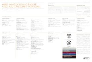 BUICK ENCORE
satin steel gray METALLIC
cocoa silver METALLIC
glacier blue METALLIC
deep eSpresso brown metallic
ruby RED metallic
white pearl tricoat8
here’s what goes into encore.
now you can make it your own.
Dimensions (inches)
Wheelbase	100.6
Overall length	 168.4
Body width	 69.9
Overall height, with luggage rack	 65.2
Minimum ground clearance, front	 6.2
Head room, first row	 39.6
Head room, second row	 38.8
Shoulder room, first row	 54.1
Shoulder room, second row	 52.5
Hip room, first row	 51.7
Hip room, second row	 50.1
Leg room, first row	 40.8
Leg room, second row	 35.7
Specifications and Capacities
Engine Type	 ECOTEC Turbo 1.4L VVT
Horsepower	 138 @ 4900 rpm
Torque	 148 lb-ft @ 1850 rpm
EPA-estimated mpg	 25 city/33 hwy (FWD)
	 23 city/30 hwy (AWD)
Cargo Volume (cu. ft.)9
	 48.4 behind first-row seats
	 with second-row seats folded
	 18.8 behind second-row seats
Seating Capacity	 2/3 (front/rear)
Fuel Tank (approx.)	 14 gallons
Base Curb Weight	 3,190 (FWD)
	 3,309 (AWD)
1
Go to gm.com/bluetooth to find out which Bluetooth phones
are compatible with the vehicle. 2
Full functionality requires
compatible Bluetooth and smartphone. Some devices require
USB connectivity. Data plan rates apply. 3
Not compatible
with all devices. 4
If you subscribe after your trial period,
subscriptions are continuous until you call SiriusXM to cancel.
See SiriusXM Customer Agreement for complete terms at
siriusxm.com. Other fees and taxes will apply. All fees and
programming subject to change. For more information about
NavTraffic, visit siriusxm.com/navtraffic. For more information
about Travel Link, visit siriusxm.com/travellink. XM satellite
service is available only to those in the 48 contiguous USA
and DC. Sirius, XM and all related marks and logos are
trademarks of SiriusXM Radio, Inc. 5
A NOTE ON CHILD
SAFETY: Always use safety belts and the correct child restraint
for your child’s age and size, even with air bags. Even in
vehicles equipped with the Passenger Sensing System, children
are safer when properly secured in a rear seat in the appropriate
infant, child or booster seat. Never place a rear-facing infant
restraint in the front seat of any vehicle equipped with an active
frontal air bag. See your vehicle Owner’s Manual and child
safety seat instructions for more safety information. 6
OnStar
services require vehicle electrical system (including battery),
wireless service and GPS satellite signals to be available and
operating for features to function properly. OnStar acts as a link
to existing emergency service providers. Subscription Service
Agreement required. Call 1-888-4ONSTAR (466-7827) or
visit onstar.com for OnStar’s Terms and Conditions, Privacy
Policy,detailsandsystemlimitations. 7
Mapcoverageavailable
in the United States, U.S. Virgin Islands, Puerto Rico, Canada
and Mexico. 8
Additional charge, premium paint. 9
Cargo
and load capacity limited by weight and distribution.
OK, so this is where you come in. It’s your turn to personalize Encore
with one of the equipment groups and its available options.
Standard Equipment
Power and Performance
Drivetrain Front-wheel drive
Engine ECOTEC Turbo 1.4L with variable valve timing
Transmission 6-speed automatic, electronically
controlled with Driver Shift Control
Suspension Ride and handling
Steering Power, variable effort, electronic
Brakes 4-wheel anti-lock, 4-wheel disc
Traction Control Full range
StabiliTrak Stability control system
Tires P215/55R18 all-season blackwall
Comfort and Convenience
Glove Box Dual compartments
Seat Trim Cloth with leatherette accents
Seating 5-passenger seating, front buckets,
rear 60/40 folding
Driver Seat Adjuster 6-way power with manual
recline and power lumbar
Front Passenger Seat Adjuster 2-way manual,
flat-folding seatback
Floor Mats Carpeted front and rear
Instrumentation Analog with tachometer,
speedometer and outside air temperature
Driver Information Center Fuel, coolant temperature,
battery and compass
Steering Wheel Leather-wrapped 3-spoke color-
keyed with theft-deterrent locking
Steering-Wheel-Mounted Controls For audio and phone
Lighting Interior ice-blue ambient located on
instrument panel
Lighting Overhead and rear cargo courtesy lamps
Tilt and Telescopic Steering Wheel
Cruise Control
Mirror Inside rearview, manual day/night
Bluetooth®1
Cell-phone connectivity to vehicle
audio system
Vanity Mirrors Driver and front-passenger illuminated visor
Climate Control Air conditioning single-zone manual
Particle Air Filter
Windows Power with driver express-up/-down,
front and rear passenger express-down
QuietTuning Buick-pioneered process to reduce, block and
absorb noise and vibration to create a quiet cabin
Noise Control System Active noise cancellation
Cargo Shade Cover
Entertainment Systems
Audio System Buick IntelliLink2
AM/FM stereo with 7
high-resolution LCD color screen, CD player with MP3
playback, USB3
and auxiliary audio inputs
Buick IntelliLink2
Smartphone control via voice
recognition allows voice control for AM/FM stereo,
CD, USB,3
Bluetooth,1
Pandora®
internet radio and StitcherTM
SmartRadio and SiriusXM Satellite Radio4
SiriusXM Satellite Radio4
Includes 3 trial months of
service. For more information, visit siriusxm.com.
Speakers 6-speaker system
USB Port3
Connectivity for various digital media devices
and iPod®
support
Safety and Security
Air Bags5
10 standard air bags include driver and front
passenger frontal air bags, driver and front passenger
knee air bags, front and rear thorax air bags and side
curtain air bags for front and rear outboard passengers
Passenger Air Bag Sensing System
Rearview Camera System
Power Door Locks Programmable with rear child security
OnStar6
6 months of Directions  Connections Plan
Theft-Deterrent System PASS-Key III, engine immobilizer
and content theft alarm
Styling and Functionality
Antenna Roof-mounted
Door Handles Body-colored with chrome strips
Exhaust Tip Single rear stainless steel with chrome tip
Luggage Rack Side rails, roof-mounted
Headlamps Halogen composite projector beam with
blue translucent ring with automatic exterior lamp control
Daytime Running Lamps With automatic exterior
lamp control
Glass Acoustic-laminated windshield, rear deep-tinted
Outside Mirrors Heated, power-adjustable, body-color,
manual folding
Wipers Front and rear intermittent with front pulse washers
Rear Liftgate Manual
Wheels 18 painted cast aluminum
available options
All-Wheel-Drive System
Equipment GROUPS WHEELS and colors
CONVENIENCE
includes all standard equipment plus:
Remote Vehicle Start
Fog Lamps
Climate Control Dual-zone automatic
Mirror Inside rearview auto-dimming
120-Volt Power Outlet On rear of center console
available options for convenience group:
All-Wheel-Drive System
Audio System Bose Premium 7-speaker with amplifier
Navigation System7
Wheels 18 chromed aluminum
Sunroof Power tilt-sliding
Leather
includes all standard equipment plus:
Remote Vehicle Start
Fog Lamps
Climate Control Dual-zone automatic
Mirror Inside rearview auto-dimming
120-Volt Power Outlet On rear of center console
Leather-Appointed Seating (Ebony, Titanium or Saddle)
Heated Steering Wheel
6-Way Power Passenger Seat With manual recline
and power lumbar
Heated Seats Driver and front passenger
Memory Features Memory driver seat, radio, climate
control, exterior mirrors
available options for leather group:
All-Wheel-Drive System
Audio System Bose Premium 7-speaker with amplifier
Navigation System7
Wheels 18 chromed aluminum
Sunroof Power tilt-sliding
PREMIUM
includes all standard equipment plus:
Remote Vehicle Start
Fog Lamps
Climate Control Dual-zone automatic
Mirror Inside rearview auto-dimming
120-Volt Power Outlet On rear of center console
Leather-Appointed Seating (Ebony, Titanium or Saddle)
Heated Steering Wheel
6-Way Power Passenger Seat With manual recline
and power lumbar
Heated Seats Driver and front passenger seats
Memory Features Memory driver seat, radio, climate
control, exterior mirrors
Audio System Bose Premium 7-speaker with amplifier
Rainsense Wipers
Front and Rear Park Assist
Forward Collision Alert
Lane Departure Warning
Cargo Net and Rear Carpeted Cargo Mat
available options for premium group:
All-Wheel-Drive System
Navigation System7
Wheels 18 chromed aluminum
Sunroof Power tilt-sliding
Dealer-Installed
All-Weather Floor Mats Front and rear
Cargo Net
Custom-Molded Splash Guards Front and rear
Roof Rail Cross Rails
Roof-Mounted Carriers (Cargo, ski, bike, kayak)
Bodyside Moldings
Rear Area Cargo Mat
Cargo Organizer
18 Painted Wheels
Wheel Locks
brilliant blue METALLIC
carbon BLACK metallic8
ACCESSORIES
FEATURES AND OPTIONS
QUICKSILVER METALLIC
18 painted cast Aluminum
(Standard)
18 Chromed aluminum
(Available)
SPECIFICATIONS
 