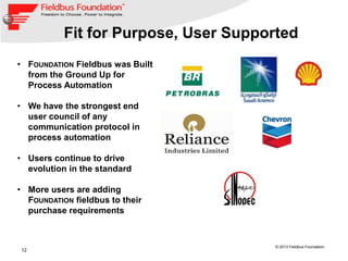 12
© 2013 Fieldbus Foundation
Fit for Purpose, User Supported
• FOUNDATION Fieldbus was Built
from the Ground Up for
Process Automation
• We have the strongest end
user council of any
communication protocol in
process automation
• Users continue to drive
evolution in the standard
• More users are adding
FOUNDATION fieldbus to their
purchase requirements
 