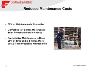 37
© 2013 Fieldbus Foundation
Reduced Maintenance Costs
• 50% of Maintenance Is Corrective
• Corrective is 10 times More Costly
Than Preventative Maintenance
• Preventative Maintenance is Done
25% of Time and is 5 Times More
costly Than Predictive Maintenance
 