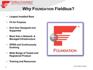 6
© 2013 Fieldbus Foundation
Why FOUNDATION Fieldbus?
• Largest Installed Base
• Fit for Purpose
• End User Designed and
Supported
• More than a Network: A
Managed Infrastructure
• OPEN and Continuously
Evolving
• Wide Range of Tested and
Registered Product
• Training and Resources
 
