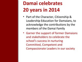 Damai celebrates
20 years in 2014
• Part of the Character, Citizenship &
Leadership Education for Damaians, to
acknowledge the contributions by the
members of the Damai Family
• Garner the support of former Damaians
and stakeholders to celebrate the
school’s success in nurturing
Committed, Competent and
Compassionate Leaders in our society

 