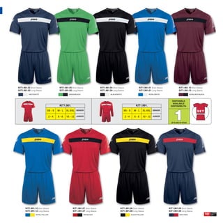 KIT1.981.02 Short Sleeve               KIT1.981.05 Short Sleeve                KIT1.981.04 Short Sleeve                KIT1.981.01 Short Sleeve             KIT1.981.10 Short Sleeve
KIT1.991.02 Long Sleeve                KIT1.991.05 Long Sleeve                 KIT1.991.04 Long Sleeve                 KIT1.991.01 Long Sleeve              KIT1.991.10 Long Sleeve
          NAVY/WHITE                            GREEN/BLACK                              BLACK/WHITE                            ROYAL/WHITE                              BURGUNDY/BLACK



                                                                                                                                                     DISPONIBLE
                                                                                                                                                     AVAILABLE
                                       KIT1.981.                                                                    KIT1.991.                       DISPONIBILITA




                                                                                                                                                      1
                             XS - S   M-L    XL-XXL SENIOR                                             XS - S     M-L      XL-XXL SENIOR

                                2-4   6-8    10 - 12 JUNIOR                                               2-4      6-8     10 - 12 JUNIOR

                                                                                                                                                    UP TO END OF STOCK




       KIT1.981.12 Short Sleeve                     KIT1.981.07 Short Sleeve                       KIT1.981.06 Short Sleeve                       KIT1.981.09 Short Sleeve
       KIT1.991.12 Long Sleeve                      KIT1.991.07 Long Sleeve                        KIT1.991.06 Long Sleeve                        KIT1.991.09 Long Sleeve
                 ROYAL/YELLOW                                     RED/BLACK                                     BLACK/YELLOW                                 NAVY/RED                     101
 