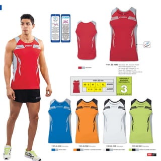 1101.33.1035     Sleeveless 95% Polyester 5% EA
                                                                                   Mesh 92% Polyester 8% EA
                                    RED/GREY
                                                                                   Sin manga 95% Poliester 5% EA
                                                                                   Rejilla 92% Poliester 8% EA
                                                                                   Senza maniche 95% Poliestere 5% EA
                                                                                   Mesh 92% Poliestere 8% EA


                                                                                    DISPONIBLE
                                               1101.33.103                          AVAILABLE
                                                                                   DISPONIBILITA




                                                                                      3
                                 XS - S        M      L      XL   SENIOR

                                        6-8        10 - 12        JUNIOR

                                                                                 UP TO END OF STOCK 2015




1101.33.1033 Sleeveless.   1101.33.1032 Sleeveless.               1101.33.1036 Sleeveless.                 1101.33.1031 Sleeveless.

          ROYAL/GREY              ORANGE FLUOR/BLACK/GREY                  WHITE/BLACK/GREY                          GREEN FLUOR/BLACK/GREY



                                                                                                                                 203
 