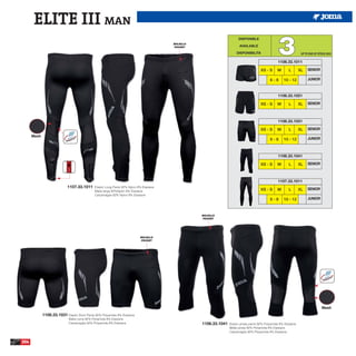 ELITE III MAN
                                                                                                                                                   3
                                                                                                                        DISPONIBLE
                                                                                        BOLSILLO
                                                                                         POCKET                         AVAILABLE

                                                                                                                      DISPONIBILITA                                 UP TO END OF STOCK 2015

                                                                                                                                                   1106.33.1011

                                                                                                                                       XS - S      M      L        XL    SENIOR

                                                                                                                                              6-8      10 - 12           JUNIOR



                                                                                                                                                   1106.33.1021

                                                                                                                                       XS - S      M      L        XL    SENIOR



                                                                                                                                                   1106.33.1031

                                                                                                                                       XS - S      M      L        XL    SENIOR
      Mesh
                                                                                                                                              6-8      10 - 12           JUNIOR



                                                                                                                                                   1106.33.1041

                                                                                                                                       XS - S      M      L        XL    SENIOR



                                                                                                                                                   1107.33.1011
                            1107.33.1011     Elastic Long Pants 92% Nylon 8% Elastane
                                                                                                                                                                         SENIOR
                                             Malla larga 92%Nylon 8% Elastane                                                          XS - S      M      L        XL
                                             Calzamaglia 92% Nylon 8% Elastane
                                                                                                                                              6-8      10 - 12           JUNIOR



                                                                                                   BOLSILLO
                                                                                                    POCKET




                                                                           BOLSILLO
                                                                            POCKET




                                                                                                                                                                                   Mesh
             1106.33.1031 Elastic Short Pants 92% Polyamide 8% Elastane
                             Malla corta 92% Poliamida 8% Elastane
                             Calzamaglia 92% Polyamide 8% Elastane                                 1106.33.1041   Elastic pirate pants 92% Polyamide 8% Elastane
                                                                                                                  Malla pirata 92% Poliamida 8% Elastane
                                                                                                                  Calzamaglia 92% Polyamide 8% Elastane


204
 