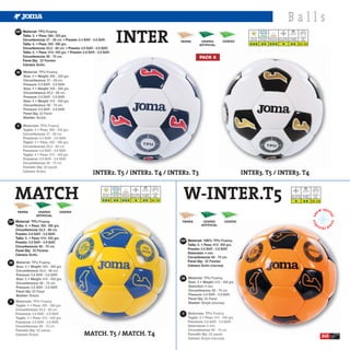 Balls
                                                                                       INTER
     ESP Material: TPU Foamy.
           Talla: 3. • Peso: 280- 320 grs.                                                                                                                                                          Hierba Seca Hierba Mojada Campo Duro Barro y Nieve Luz Artificial           Atmosfera
                                                                                                                                                                                                     Dry Grass     Wet Grass  Hard Ground Snow and Mud Floodlight                 BAR
           Circunferencia: 57 - 59 cm. • Presión: 0.4 BAR - 0.6 BAR.                                                                                     TIERRA        CESPED         CESPED       Erba Asciutta Erba Bagnata Campo Duro Fanghiglia e neve Luce Artificiale     Atmofere

           Talla: 4. • Peso: 350- 390 grs.                                                                                                                            ARTIFICIAL                                                                                               0.6 - 0.8

           Circunferencia: 63,5 - 66 cm. • Presión: 0.6 BAR - 0.8 BAR.
           Talla: 5. • Peso: 410- 450 grs. • Presión: 0.6 BAR - 0.8 BAR.
           Circunferencia: 68 - 70 cm.                                                                                                                                PACK 6
           Panel Qty: 32 Paneles
           Cámara: Butilo.

     GB




      IT




                                                           INTER2. T5 / INTER2. T4 / INTER2. T3                                                                                                 INTER3. T5 / INTER3. T4


     MATCH                                                         Hierba Seca Hierba Mojada Campo Duro Barro y Nieve Luz Artificial
                                                                    Dry Grass     Wet Grass  Hard Ground Snow and Mud Floodlight
                                                                  Erba Asciutta Erba Bagnata Campo Duro Fanghiglia e neve Luce Artificiale
                                                                                                                                             Atmosfera
                                                                                                                                               BAR
                                                                                                                                             Atmofere

                                                                                                                                             0.6 - 0.8
                                                                                                                                                          W-INTER.T5                                                                                              Barro y Nieve Luz Artificial
                                                                                                                                                                                                                                                                 Snow and Mud Floodlight
                                                                                                                                                                                                                                                                 Fanghiglia e neve Luce Artificiale
                                                                                                                                                                                                                                                                                                      Atmosfera
                                                                                                                                                                                                                                                                                                        BAR
                                                                                                                                                                                                                                                                                                      Atmofere

                                                                                                                                                                                                                                                                                                      0.6 - 0.8




      TIERRA         CESPED         CESPED
                    ARTIFICIAL

ESP Material: TPU Foamy.                                                                                                                                  TIERRA        CESPED         CESPED
     Talla: 4. • Peso: 350- 390 grs.                                                                                                                                   ARTIFICIAL
     Circunferencia: 63,5 - 66 cm.
     Presión: 0.6 BAR - 0.8 BAR.
     Talla: 5. • Peso: 410- 450 grs.
                                                                                                                                                         ESP Material: 100% TPU Foamy.
     Presión: 0.6 BAR - 0.8 BAR.
     Circunferencia: 68 - 70 cm.                                                                                                                              Talla: 5. • Peso: 410- 450 grs.
     Panel Qty: 32 Paneles                                                                                                                                    Presión: 0.6 BAR - 0.8 BAR.
     Cámara: Butilo.                                                                                                                                          Distorsión: 4 mm.
                                                                                                                                                              Circunferencia: 68 - 70 cm.
GB                                                                                                                                                            Panel Qty: 32 Paneles
                                                                                                                                                              Cámara: Butilo (viscosa).


                                                                                                                                                         GB




IT


                                                                                                                                                         IT




                                                     MATCH. T5 / MATCH. T4                                                                                                                                                                                                                                        245
 