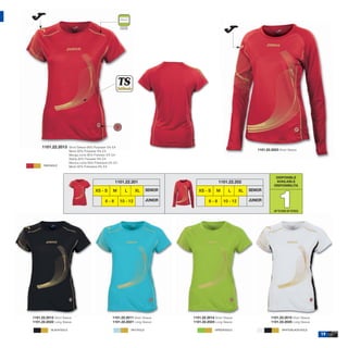 1101.22.2013      Short Sleeve 95% Polyester 5% EA
                        Mesh 92% Polyester 8% EA                                                                            1101.22.2023 Short Sleeve
                        Manga corta 95% Poliester 5% EA
                        Rejilla 92% Poliester 8% EA
                        Manica corta 95% Poliestere 5% EA
       RED/GOLD         Mesh 92% Poliestere 8% EA


                                                                                                                                       DISPONIBLE
                                                       1101.22.201                                    1101.22.202                      AVAILABLE
                                                                                                                                      DISPONIBILITA




                                                                                                                                         1
                                          XS - S      M       L       XL     SENIOR      XS - S     M       L      XL   SENIOR

                                                6-8         10 - 12          JUNIOR            6-8       10 - 12        JUNIOR

                                                                                                                                      UP TO END OF STOCK




1101.22.2012 Short Sleeve                            1101.22.2011 Short Sleeve        1101.22.2014 Short Sleeve                     1101.22.2015 Short Sleeve
1101.22.2022 Long Sleeve                             1101.22.2021 Long Sleeve         1101.22.2024 Long Sleeve                      1101.22.2025 Long Sleeve

           BLACK/GOLD                                             SKY/GOLD                         GREEN/GOLD                              WHITE/BLACK/GOLD
                                                                                                                                                                19
 