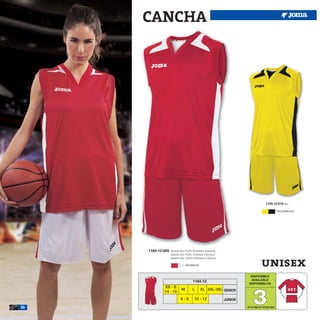 CANCHA




                                                                                  1184.12.019 Set

                                                                                             YELLOW/BLACK




     1184.12.005   Basket Set 100% Polyester Interlock
                   Basket Set 100% Poliester Interlock


                                                                               unisex
                   Basket Set 100% Poliestere Interlock

                               RED/WHITE



                                                                     DISPONIBLE
                                                                     AVAILABLE
                                    1184.12.
                                                                    DISPONIBILITA




                                                                       3
             XS - S
                           M        L      XL XXL-3XL SENIOR
             14 - 16
                          6-8        10 - 12              JUNIOR

36                                                                 UP TO END OF STOCK 2015
 