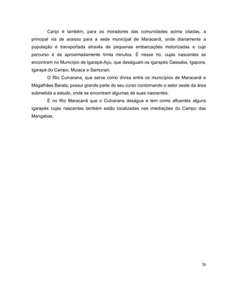 36
Caripi é também, para os moradores das comunidades acima citadas, a
principal via de acesso para a sede municipal de Maracanã, onde diariamente a
população é transportada através de pequenas embarcações motorizadas e cujo
percurso é de aproximadamente trinta minutos. É nesse rio, cujas nascentes se
encontram no Município de Igarapé-Açu, que deságuam os igarapés Gassaba, Igapora,
Igarapé do Campo, Muiaca e Samunari.
O Rio Cuinarana, que serve como divisa entre os municípios de Maracanã e
Magalhães Barata, possui grande parte do seu curso contornando o setor oeste da área
submetida a estudo, onde se encontram algumas de suas nascentes.
É no Rio Maracanã que o Cuinarana deságua e tem como afluentes alguns
igarapés cujas nascentes também estão localizadas nas imediações do Campo das
Mangabas.
 