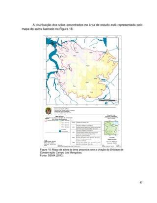 47
A distribuição dos solos encontrados na área de estudo está representada pelo
mapa de solos ilustrado na Figura 16.
Figura 16: Mapa de solos da área proposta para a criação da Unidade de
Conservação Campo das Mangabas.
Fonte: SEMA (2013).
 