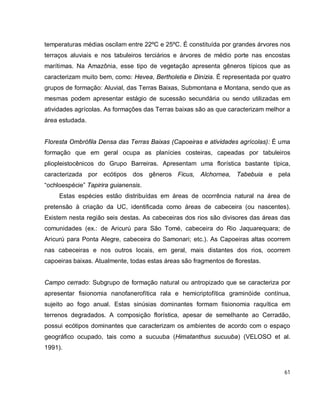 61
temperaturas médias oscilam entre 22ºC e 25ºC. É constituída por grandes árvores nos
terraços aluviais e nos tabuleiros terciários e árvores de médio porte nas encostas
marítimas. Na Amazônia, esse tipo de vegetação apresenta gêneros típicos que as
caracterizam muito bem, como: Hevea, Bertholetia e Dinizia. É representada por quatro
grupos de formação: Aluvial, das Terras Baixas, Submontana e Montana, sendo que as
mesmas podem apresentar estágio de sucessão secundária ou sendo utilizadas em
atividades agrícolas. As formações das Terras baixas são as que caracterizam melhor a
área estudada.
Floresta Ombrófila Densa das Terras Baixas (Capoeiras e atividades agrícolas): É uma
formação que em geral ocupa as planícies costeiras, capeadas por tabuleiros
pliopleistocênicos do Grupo Barreiras. Apresentam uma florística bastante típica,
caracterizada por ecótipos dos gêneros Ficus, Alchornea, Tabebuia e pela
“ochloespécie” Tapirira guianensis.
Estas espécies estão distribuídas em áreas de ocorrência natural na área de
pretensão à criação da UC, identificada como áreas de cabeceira (ou nascentes).
Existem nesta região seis destas. As cabeceiras dos rios são divisores das áreas das
comunidades (ex.: de Aricurú para São Tomé, cabeceira do Rio Jaquarequara; de
Aricurú para Ponta Alegre, cabeceira do Samonari; etc.). As Capoeiras altas ocorrem
nas cabeceiras e nos outros locais, em geral, mais distantes dos rios, ocorrem
capoeiras baixas. Atualmente, todas estas áreas são fragmentos de florestas.
Campo cerrado: Subgrupo de formação natural ou antropizado que se caracteriza por
apresentar fisionomia nanofanerofítica rala e hemicriptofítica graminóide contínua,
sujeito ao fogo anual. Estas sinúsias dominantes formam fisionomia raquítica em
terrenos degradados. A composição florística, apesar de semelhante ao Cerradão,
possui ecótipos dominantes que caracterizam os ambientes de acordo com o espaço
geográfico ocupado, tais como a sucuuba (Himatanthus sucuuba) (VELOSO et al.
1991).
 
