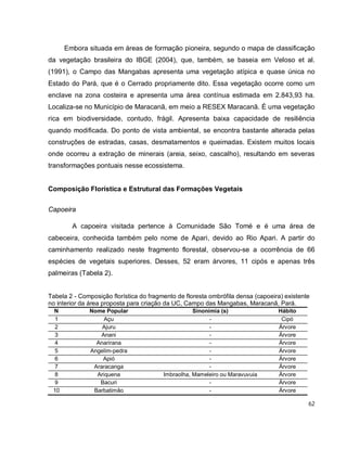 62
Embora situada em áreas de formação pioneira, segundo o mapa de classificação
da vegetação brasileira do IBGE (2004), que, também, se baseia em Veloso et al.
(1991), o Campo das Mangabas apresenta uma vegetação atípica e quase única no
Estado do Pará, que é o Cerrado propriamente dito. Essa vegetação ocorre como um
enclave na zona costeira e apresenta uma área contínua estimada em 2.843,93 ha.
Localiza-se no Município de Maracanã, em meio a RESEX Maracanã. É uma vegetação
rica em biodiversidade, contudo, frágil. Apresenta baixa capacidade de resiliência
quando modificada. Do ponto de vista ambiental, se encontra bastante alterada pelas
construções de estradas, casas, desmatamentos e queimadas. Existem muitos locais
onde ocorreu a extração de minerais (areia, seixo, cascalho), resultando em severas
transformações pontuais nesse ecossistema.
Composição Florística e Estrutural das Formações Vegetais
Capoeira
A capoeira visitada pertence à Comunidade São Tomé e é uma área de
cabeceira, conhecida também pelo nome de Apari, devido ao Rio Apari. A partir do
caminhamento realizado neste fragmento florestal, observou-se a ocorrência de 66
espécies de vegetais superiores. Desses, 52 eram árvores, 11 cipós e apenas três
palmeiras (Tabela 2).
Tabela 2 - Composição florística do fragmento de floresta ombrófila densa (capoeira) existente
no interior da área proposta para criação da UC, Campo das Mangabas, Maracanã, Pará.
N Nome Popular Sinonímia (s) Hábito
1 Açu - Cipó
2 Ajuru - Árvore
3 Anani - Árvore
4 Anarirana - Árvore
5 Angelim-pedra - Árvore
6 Apió - Árvore
7 Araracanga - Árvore
8 Ariquena Imbraolha, Mameleiro ou Maravuvuia Árvore
9 Bacuri - Árvore
10 Barbatimão - Árvore
 