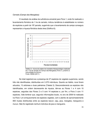 65
Cerrado (Campo das Mangabas)
O resultado da análise da suficiência amostral para Flora 1, onde foi realizado o
levantamento florístico de 1 ha de cerrado, indicou tendência à estabilidade no número
de espécies a partir da 19ª parcela, sugerindo que o levantamento de campo conseguiu
representar a riqueza florística desta área (Gráfico 6).
Gráfico 2 - Curva do coletor do inventário fitossociológico realizado
em 1 ha de cerrado do Campo das Mangabas (Flora 1), próximo a
comunidade do Aricuru.
Fonte: SEMA (2011).
No total registram-se a presença de 27 espécies de vegetais superiores, sendo
três não identificadas, distribuídas em 3.375 indivíduos. Quanto ao hábito, nove foram
arbustos, 13 arbóreas e duas palmeiras (Tabela 3). Desconsiderando as espécies não
identificadas, em ordem decrescente de riqueza, têm-se as Floras 1 e 4 com 15
espécies, seguidas das Floras 2 e 5 com 14 espécies e, por fim, a Flora 3 com 11
espécies. Vale lembrar que, segundo informações locais, no ano de 2009 foi realizado
na Flora I um enriquecimento de espécies vegetais, com o plantio de aproximadamente
800 mudas distribuídas entre as espécies bacuri, caju, jaca, mangaba, mangueira e
muruci. Não foi registrado nenhum indivíduo de jaca e mangueira.
 