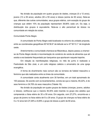 80
Na divisão da população em quatro grupos de idades, crianças (0 a 12 anos),
jovens (13 a 29 anos), adultos (30 a 59 anos) e idosos (acima de 60 anos). Nota-se
que, diferente das outras comunidades, seus grupos etários, com exceção do grupo de
crianças que obtém 10% da população representam 36,66% cada um. Ou seja, a
distribuição dos grupos é equivalente. Nota-se o alto percentual de idosos na
comunidade em relação às outras.
Comunidade Ponta Alegre
A comunidade de Ponta Alegre está localizada no entorno da unidade proposta,
entre as coordenadas geográficas 00°42’36.9” de latitude sul e 47°30’13.1” de longitude
oeste.
Anteriormente a comunidade chamava-se Maiandeua, depois passou a chamar-
se de Ponta Alegre devido à movimentação do comércio de venda de alimentos que ali
existia e era bastante frequentado por barqueiros que aportavam naquele trapiche.
Em relação às manifestações religiosas, no mês de junho é realizada a
Festividade de São José, e um culto religioso celebra o aniversário de uma igreja
evangélica.
A forma de divertimento mais comum são os torneios de futebol masculino e
feminino que são realizados entre os times da comunidade.
A comunidade conta atualmente com 30 famílias, em um total aproximado de
100 pessoas. De acordo com os levantamentos, conclui-se que a maioria, 65,22%, é do
sexo feminino e 34,78% do sexo masculino (Tabela 16).
Na divisão da população em quatro grupos de idades (crianças, jovens, adultos
e idosos), verifica-se que a maioria 36,35% está inserida no grupo dos adultos que
compreende a faixa etária de 30 a 59 anos. Em seguida, com 27,27%, encontra-se o
grupo de jovens na faixa etária de13 a 29 anos. O grupo de crianças na faixa etária de
0 a 12 anos tem 27,26% e 9,09% o grupo de idosos a partir de 60 anos.
 