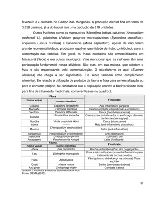 91
fevereiro e é coletada no Campo das Mangabas. A produção mensal fica em torno de
3.350 paneiros, já a do bacuri tem uma produção de 810 unidades.
Outras frutíferas como as mangueiras (Mangifera indica), cajueiros (Anarcadium
ocidentali L.), goiabeiras (Psidium guajava), maracujazeiros (Byrsonima crossifolia),
coqueiros (Cocus nucifera) e bananeiras (Musa sapientum), apesar de não terem
grande representatividade, produzem razoável quantidade de fruto, contribuindo para a
alimentação das famílias. Em geral, os frutos coletados são comercializados em
Maracanã (Sede) e em outros municípios. Vale mencionar que as mulheres têm uma
participação fundamental nessa atividade. São elas, em sua maioria, que coletam o
fruto e são responsáveis pela comercialização. O extrativismo de açaí (Euterpe
oleracea) não chega a ser significativo. Ele serve também como complemento
alimentar. Em relação à utilização de produtos da fauna e flora para comercialização ou
para o consumo próprio, foi constatado que a população recorre a biodiversidade local
para fins de tratamento medicinais, como verifica-se no quadro 2.
Flora
FinalidadeNome vulgar
Nome científico
Copaíba Copaifera langsdorffii Anti-inflamatório-garganta
Mangaba Harconia speciosa Casca (combate a hipertensão e colesterol)
Verônica Veronica Officinalis Casca (combate a anemia)
Sucuba
Himatanthus sucuuba Casca (chá-combate a dor no estômago, diarreia /
banho-combate a gripe)
Ucuúba Virola cuspidata Warb Casca (cicatrizante)
Abota -------- Raiz (anti-inflamatório p/os olhos)
Mastruz
Chenopodium ambrosioides
L.
Folha (anti-inflamatório)
Barbatimão Pithecellobium avaremotemo Anti-inflamatório
Meracilina Graptophyllum pictum Combate a dor
Amapazeiro Parahancornia Amapá Leite (fortificante)
Fauna
Finalidade
Nome vulgar Nome científico
Jiboia Boa constrictor Banha (anti-inflamatório- dor na garganta)
Tatu Didhelphis marsupialis
Urina e rabo utilizado como anti-inflamatório para
tratamento de dor nos ouvidos
Paca Agouti paca
Féu (gotas no chá-doença na próstata) /Puxa
espinho
Quati Nasua nasua Banha (combate a diabete)
Anú preto Crotophaga major Combate a asma
Quadro 2: Produtos e usos da biodiversidade local.
Fonte: SEMA (2010).
 