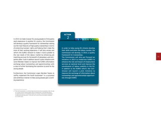 15
Action
21 3 4 5 6 7 8 9 10 11 12
In order to help young EU citizens develop
their skills and enter the labour market, the
Commission will develop, in 2013, a quality
framework for traineeships.
The Commission will also put forward an
initiative in 2013 to modernise EURES to
enhance the role and impact of employment
services at national level and improve the
coordination of labour mobility in the EU.
In addition to the EURES reform, the Com­­
mission will launch a pilot initiative to
im­­prove the exchange of information about
traineeships and apprenticeships opportuni-
ties through EURES.
In 2013, to make it easier for young people to find quality
work experience in another EU country, the Commission
will develop a quality framework for traineeships setting
out the main features of high quality traineeships in terms
of protecting trainees’ rights and helping them make the
most of their working experience. It will also review and
reform the EURES network to make it more suitable to
the real needs of the labour market by enhancing job
matching services for the benefit of jobseekers and com-
panies alike. It will in addition launch a pilot initiative with
some Member States to improve the EURES information
exchange about traineeships and apprenticeships with
a view to further facilitating the transition to work for the
young people.
Furthermore, the Commission urges Member States to
swiftly implement the Youth Guarantee17
in a sustained
and ambitious manner to help young people gain a work-
ing experience.
17	The Youth Guarantee is a scheme that ensures that all young people under the age
of 25 years receive a good-quality offer of employment, continued education,
an apprenticeship or a traineeship within four months of becoming unemployed
or leaving formal education, in line with the Council Recommendation adopted
on 22 April 2013.
 