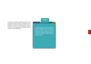 25
Action
71 2 3 4 5 6 8 9 10 11 12The Commission intends to propose, by the end of 2013,
a package of legal instruments to guarantee the pre-
sumption of innocence and legal aid when a citizen is
suspected or accused in criminal proceedings in another
EU country and to strengthen the procedural rights of
children and vulnerable persons.
The Commission will, by the end of 2013,
propose a package of legal instruments to
further strengthen citizens’ procedural
rights when they are suspected or accused
in criminal proceedings, taking into account
the specific situation of children and vul-
nerable citizens.
 