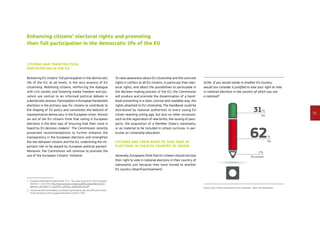 35
Enhancing citizens’ electoral rights and promoting
their full participation in the democratic life of the EU
Citizens and their political
participation in the EU
Bolstering EU citizens’ full participation in the democratic
life of the EU, at all levels, is the very essence of EU
citizenship. Mobilising citizens, reinforcing the dialogue
with civil society and fostering media freedom and plu-
ralism are central to an informed political debate in
a democratic process. Participation in European Parliament
elections is the primary way for citizens to contribute to
the shaping of EU policy and constitutes the bedrock of
representative democracy in the European Union. Almost
six out of ten EU citizens think that voting in European
elections is the best way of ensuring that their voice is
heard by EU decision-makers1
. The Commission recently
presented recommendations to further enhance the
transparency in the European elections and strengthen
the ties between citizens and the EU, underlining the im-
portant role to be played by European political parties2
.
Moreover, the Commission will continue to promote the
use of the European Citizens’ Initiative.
1	European Parliament Eurobarometer 77.4 – Two years to go to the 2014 European
elections – June 2012 http://www.europarl.europa.eu/pdf/eurobarometre/2012/
election_2012/eb77_4_ee2014_synthese_analytique_en.pdf
2	Commission Recommendation on enhancing the democratic and efficient conduct
of the elections to the European Parliament C(2013) 1303.
To raise awareness about EU citizenship and the concrete
rights it confers to all EU citizens, in particular their elec-
toral rights, and about the possibilities to participate in
the decision-making process of the EU, the Commission
will produce and promote the dissemination of a hand-
book presenting in a clear, concise and readable way, the
rights attached to EU citizenship. The handbook could be
distributed by national authorities to every young EU
citizen reaching voting age, but also on other occasions,
such as the registration of new births, the issuing of pass-
ports, the acquisition of a Member State’s nationality,
or as material to be included in school curricula, in par-
ticular on citizenship education.
Citizens and their right to take part in
elections in their EU country of origin
Generally, Europeans think that EU citizens should not lose
their right to vote in national elections in their country of
nationality just because they have moved to another
EU country (disenfranchisement).
7 %
No answer
31 %
Yes
62 %
No
Q19a. If you would reside in another EU country,
would you consider it justified to lose your right to vote
in national elections in the country of which you are
a national?
Source: 2012 Public consultation on EU citizenship – Base: All respondents.
 