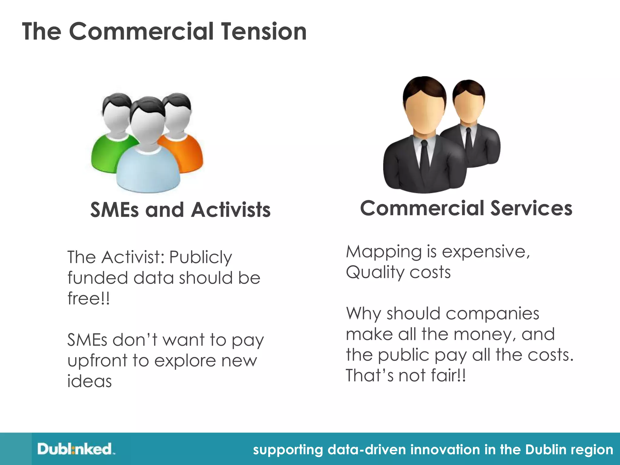 The Commercial Tension




     SMEs and Activists                Commercial Services

   The Activist: Publicly            Mapping is expensive,
   funded data should be             Quality costs
   free!!
                                     Why should companies
   SMEs don’t want to pay            make all the money, and
   upfront to explore new            the public pay all the costs.
   ideas                             That’s not fair!!



                        supporting data-driven innovation in the Dublin region
 