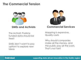 The Commercial Tension




     SMEs and Activists                Commercial Services

   The Activist: Publicly            Mapping is expensive,
   funded data should be             Quality costs
   free!!
                                     Why should companies
   SMEs don’t want to pay            make all the money, and
   upfront to explore new            the public pay all the costs.
   ideas                             That’s not fair!!



                        supporting data-driven innovation in the Dublin region
 