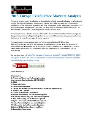 2013 Europe Cell Surface Markers Analysis
The use of surface marker identification and classification of cells is spreading beyond lymphocytes to
the identification of monocytes, macrophages, myeloid stem cells, and tumor cells. A synergistic
combination of the hybridoma technology with flow cytometry is further expanding the applications of
both technologies. During the next five years, the main trend in cell surface marker analysis will be
further simplification of the sample preparation and the analysis itself.
This report presents a detailed overview of the CD4, CD8 and CD34 Cell Surface Marker testing in five
European countries, including clinical significance and current laboratory practice, as well as five-year
test volume forecasts by country and market segment.
The report examines market applications of monoclonal antibodies, IT, DNA probes,
biochips/microarrays, and other technologies; reviews features and operating characteristics of
automated analyzers; profiles leading suppliers and recent market entrants developing innovative
technologies and products; and identifies alternative market penetration strategies and entry
barriers/risks.
For complete report @ http://www.reportsnreports.com/reports/253809-2013-
analysis-of-the-cell-surface-markers-in-europe-hospitals-commercial-labs-
ambulatory-care-centers.html.
Table of Contents
I. Introduction
II. Worldwide Market and Technology Overview
A. Lymphocyte Subclassification CD4/CD8/CD34
B. CD34
C. Other Cell Markers
D. Instrumentation Review
E. Current Market Needs and Future Demand For Hematology Analyzers
F. Reagents and Controls
G. Current and Emerging Technologies
III. France : Forecasts by Test and Market Segment
IV. Germany : Forecasts by Test and Market Segment
V. Italy : Forecasts by Test and Market Segment
VI. Spain : Forecasts by Test and Market Segment
VII. U.K. : Forecasts by Test and Market Segment
VIII. Alternative Market Penetration Strategies
IX. Potential Market Entry Barriers and Risks
X. Competitive Assessments
 