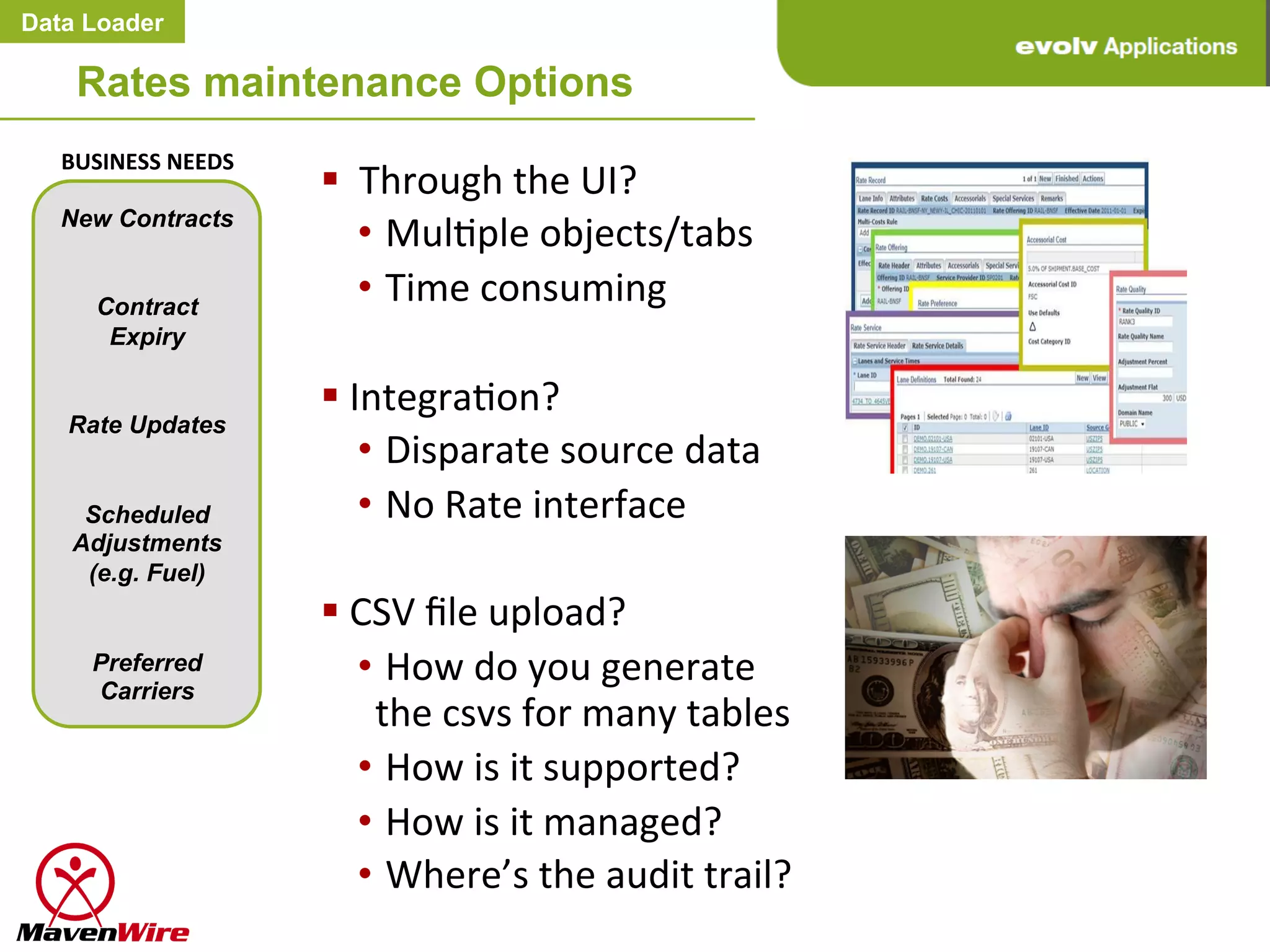 Data Loader

    Rates maintenance Options
   BUSINESS	
  NEEDS	
  
                           § 	
  	
  Through	
  the	
  UI?	
  
   New Contracts
                                     • 	
  MulHple	
  objects/tabs	
  
       Contract
                                     • 	
  Time	
  consuming	
  
        Expiry             	
  	
  
                           § 	
  IntegraHon?	
  
   Rate Updates
                                     • 	
  Disparate	
  source	
  data	
  	
  
     Scheduled                       • 	
  No	
  Rate	
  interface	
  
    Adjustments
     (e.g. Fuel)                     	
  
                           § 	
  CSV	
  ﬁle	
  upload?	
  
      Preferred
      Carriers
                                     • 	
  How	
  do	
  you	
  generate	
  
                                          the	
  csvs	
  for	
  many	
  tables	
  
                                     • 	
  How	
  is	
  it	
  supported?	
  
                                     • 	
  How	
  is	
  it	
  managed?	
  
                                     • 	
  Where’s	
  the	
  audit	
  trail?	
  
 