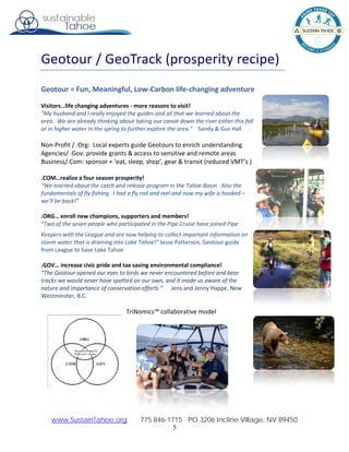 www.SustainTahoe.org 775 846-1715 PO 3206 Incline Village, NV 89450
5
Geotour / GeoTrack (prosperity recipe)
Geotour = Fun...