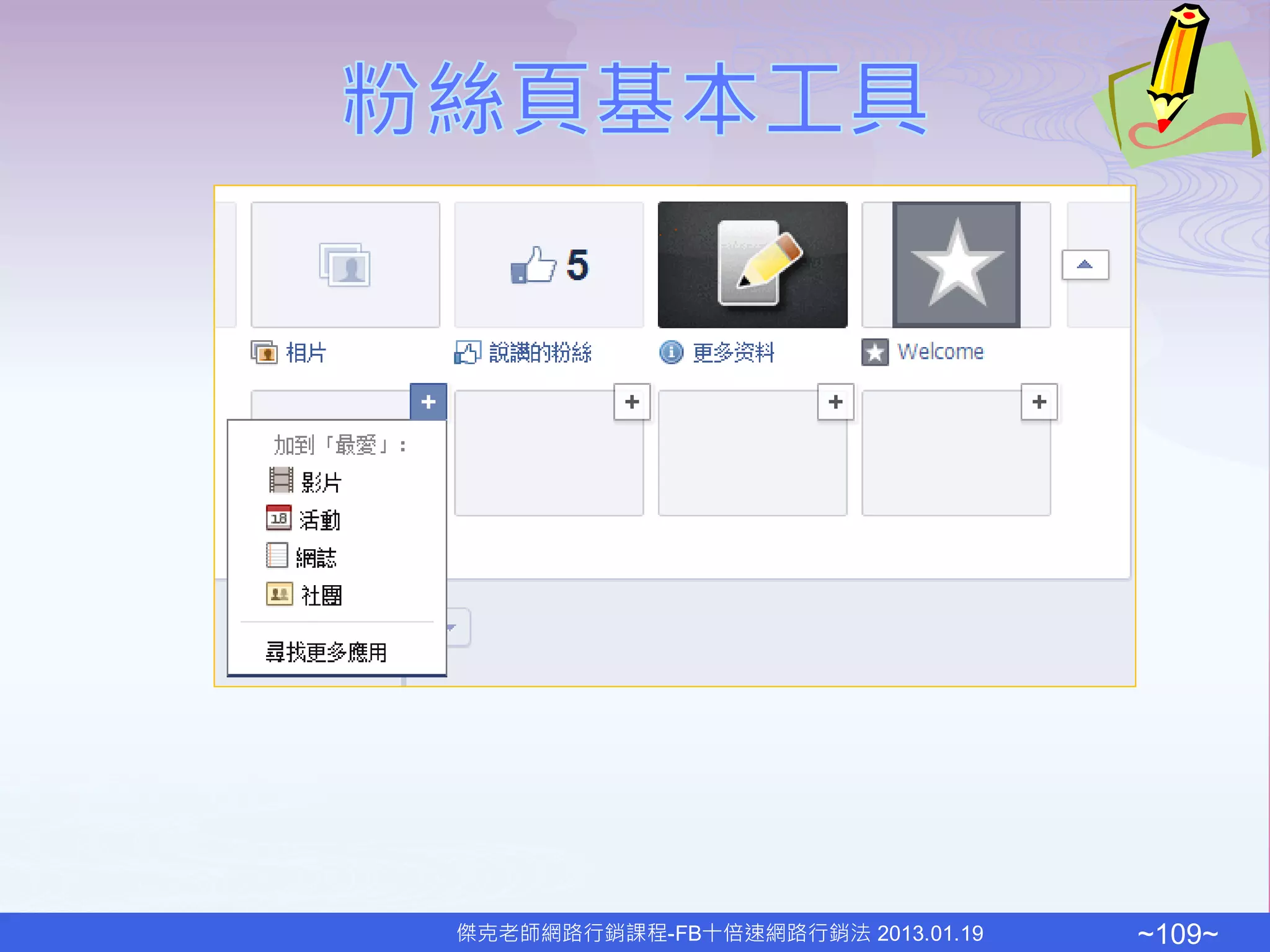 傑克老師網路行銷課程-FB十倍速網路行銷法 2013.01.19   ~109~
 