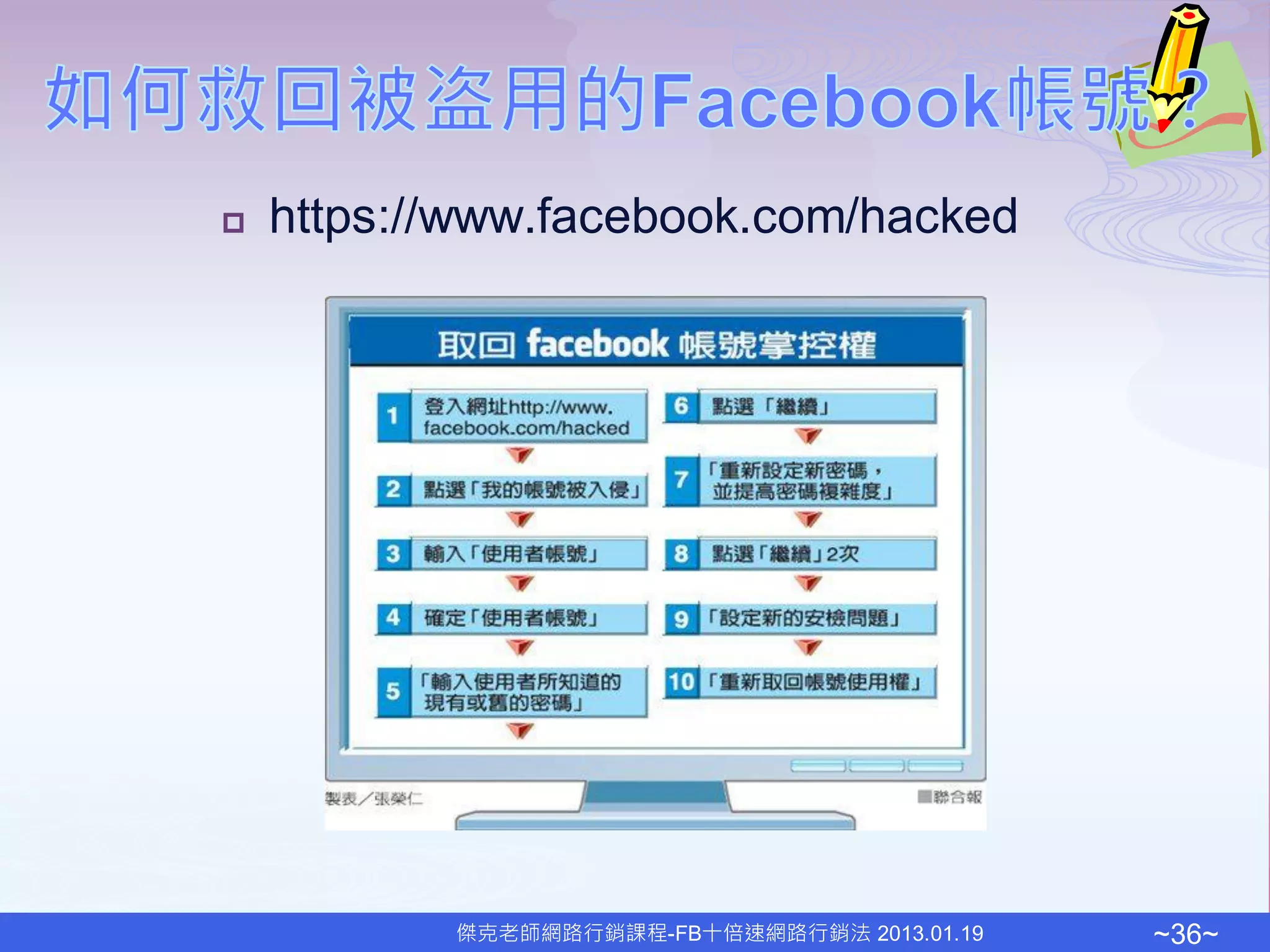    https://www.facebook.com/hacked




           傑克老師網路行銷課程-FB十倍速網路行銷法 2013.01.19   ~36~
 