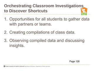 Orchestrating Classroom Investigations
to Discover Shortcuts
1. Opportunities for all students to gather data
with partners or teams.
2. Creating compilations of class data.
3. Observing compiled data and discussing
insights.
Page 128
 