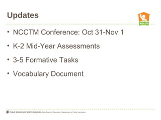 Updates
• NCCTM Conference: Oct 31-Nov 1
• K-2 Mid-Year Assessments
• 3-5 Formative Tasks
• Vocabulary Document
 