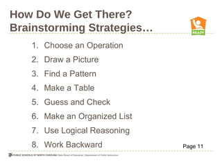 How Do We Get There?
Brainstorming Strategies…
1. Choose an Operation
2. Draw a Picture
3. Find a Pattern
4. Make a Table
5. Guess and Check
6. Make an Organized List
7. Use Logical Reasoning
8. Work Backward Page 11
 
